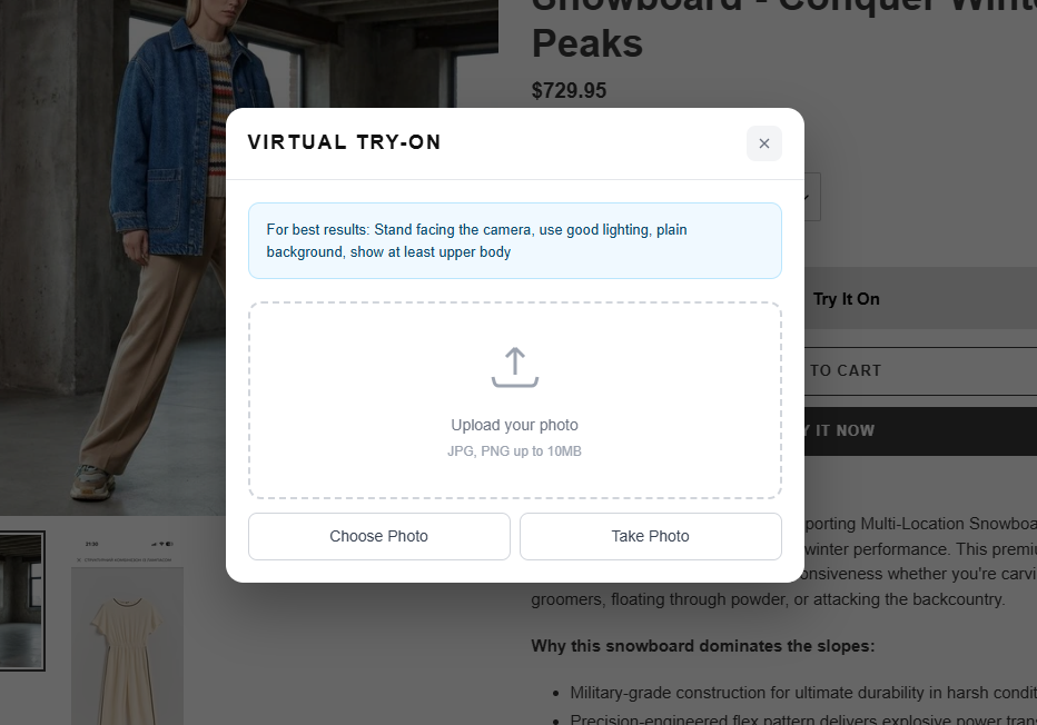 Virtual Try-On modal — upload step